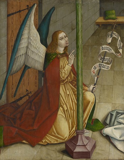 The Annunciation to Mary: The Archangel Gabriel, c. 1490, Mixed media on fir wood, 143 x 111.5 cm, Unmarked., On the Rotulus English greeting: Ave gracia plena domi [nus] thecum, Meister des Karlsruher Hohenlandenberg-Altars, (Werkstatt / workshop), tätig um 1500 am Bodensee