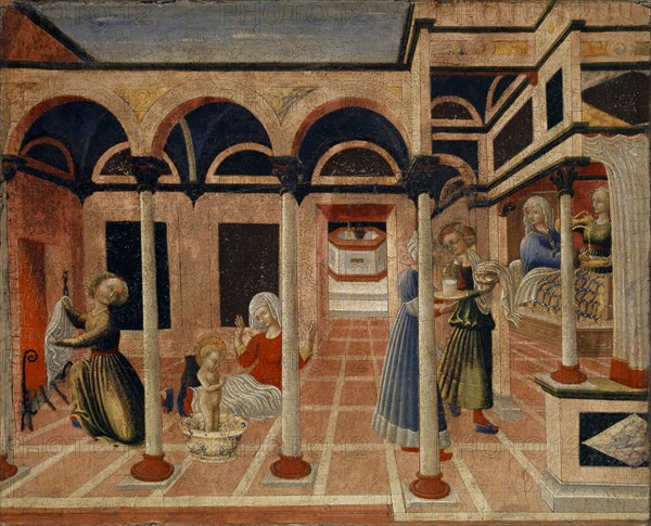 The miracle of the birth of St., Nicholas, c. 1435-1440, tempera on poplar wood, 25.6 x 31.8 cm, unsigned, Pietro di Giovanni d'Ambrogio, Siena 1409/10–1449 Siena