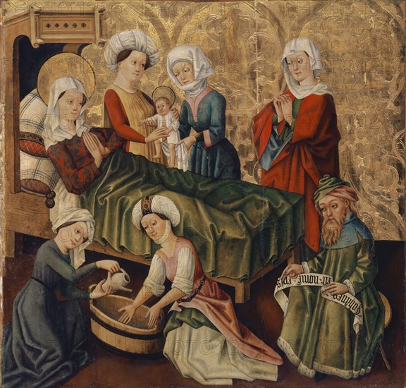 The Birth of John the Baptist, c. 1450/60, mixed technique on fir wood, 82.5 x 85 cm, unmarked., On the tape: Johannes est nome [n] eius, Meister des Lösel-Altars, 15. Jh., tätig in Basel