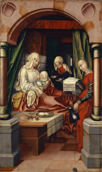 The Birth of Mary, 1512, tempera on softwood laminated with canvas, 107 x 64.5 cm, monogrammed on the base of the right column: H F, in between the house brand of Hans Fries, Hans Fries, Freiburg i. Ü. um 1460 – nach 1523 Bern