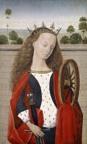 The hl., Katharina standing in front of a wall, c. 1500, mixed technique on oak, 32.5 x 20 cm, unsigned, Niederländischer Meister, 15. Jh.