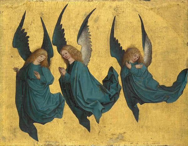 Three floating angels, c. 1490, mixed technique on fir wood, 29.1 x 37.9 cm, not marked, Meister des Monis-Altars (Umkreis Meister des Hausbuchs), tätig um 1480–1500 am Mittelrhein und in Frankfurt