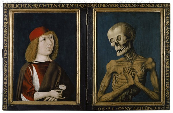 Diptych: Hieronymus Tscheckenbürlin and Death, 1487, mixed technique on lime wood, left panel: 40 x 28 cm (with frame: 48.5 x 38 cm) |, right panel: 40.5 x 29 cm (with frame: 48.5 x 37.5 cm), Not marked, Oberrheinischer Meister, 15. Jh.