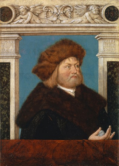 Portrait of Philipp Adler, 1513, oil on linden (?) Wood, 41.3 x 29.5 cm, Not marked but dated: In the locket medallions the year: • 1 • 5 •, • 13 •, on the capitals: ALS • ICH • WHAT • 52 • IAR • OLD • (left), DA • HET • I • THE • G (e) STALT • (right), Hans Holbein d. Ä., Augsburg um 1460/65–1524