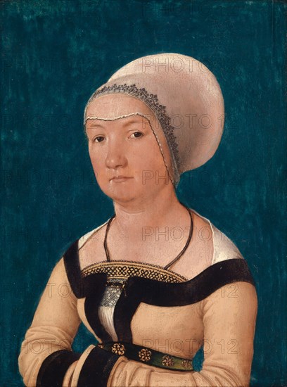 Portrait of the wife of Jörg Fischer at the age of 34 (obverse), Golden ornament * M [A] R [I] A * (back), 1512, oil on lime wood, 35 x 26.6 cm |, with original frame: 41.4 x 32.7 cm, Not indicated., On the original frame: ALSO • WHAT • I • VIR • WAR • IN • THE • 34 • IAR, on the back of the board: M [A] R [I] A, Hans Holbein d. Ä., Augsburg um 1460/65–1524