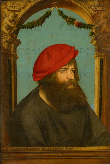Portrait of Hans Herbst (Herbster), 1516, mixed media on paper, mounted on lime wood, 39.5 x 26.5 cm, dated at the top left of the tablet in the arch gusset: • 1 • 5 • 16 • [the 5 retouched], Remains of a designation on the writing board in the right-hand corner of the sheet: • B, Ambrosius Holbein, Augsburg um 1494 – um 1519 Basel (?)