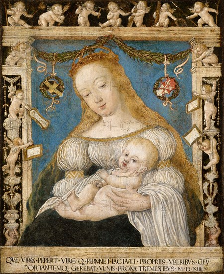 Madonna and Child (so-called Botzheim Madonna), 1514, oil on linden wood, 37 x 30 cm, unsigned, but dated at the end of the inscription below the ledge: QVE • VIRGO • PEPERITE • VIRGO • Q [VE] • PERMANET •, LACTAVIT • PROPRIIS • VBERIBVS • DEV [M] • PORTANTEMQ [VE] • GEREBAT • VLNIS • PRONA • TREMENTIBVS: M • D • XIIII • (She who was born a virgin and remains a virgin, has nourished God with her own breasts, and him who carries her keeps her awestruck on her arms 1514), Konstanzer Meister, 16. Jh.