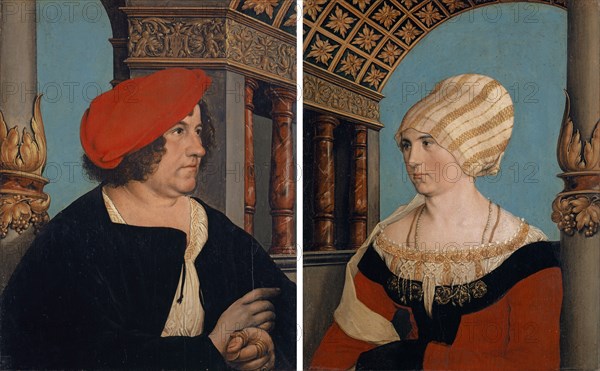 Double portrait of Jacob Meyer zum Hasen and his wife Dorothea Kannengiesser (inside pages), Coat of arms of Jacob Meyer on a red ground (outside of the male portrait), 1516, oil on lime wood, each 39.7 x 31.9 cm (right panel H 39.5 cm), monogrammed and dated in the cartouche in the frieze above Jacob Meyer: HH, 1516, Hans Holbein d. J., Augsburg um 1497/98–1543 London