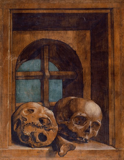 Two skulls in a window niche, c. 1520, mixed technique on basswood, 33 x 25 x 0.5 cm, unmarked, Hans Holbein d. J., Augsburg um 1497/98–1543 London