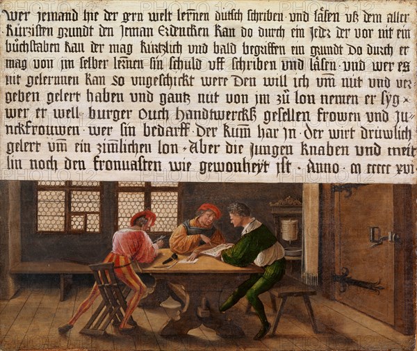 Sign of a schoolmaster (adult side), 1516, mixed technique on spruce, 55.3 x 65.5 cm, Not marked, but dated in the text box: who someone likes to learn the world scholarly [...] and read the all, kurzisten grundt the jeman, Erdencken can do so by anyone who can not nit a, buochstaben the may like and soon understands a reason do through him, her in the self-learning [n] sin blame uff rub and read • and who can, n learn kan so awkward, I would have lured him to death and to give and give, and to give of all in the world to him, he, she, well, burger, ouch, hand-to-hand, and fugen, and fawns, m] har jn • he, she is humbled, murmured for a mime [m] a lon * but the boys boy and mlin, lin still the fronuasten like gewonheyt is • Anno • m ccccc xvi •, Hans Holbein d. J., Augsburg um 1497/98–1543 London