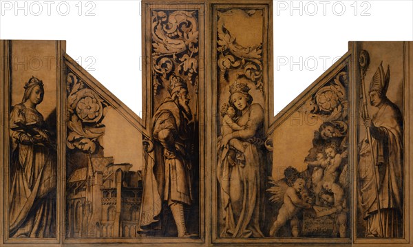 Empress Kunigunde and Emperor Heinrich II in front of the Münster choir (left wing), Madonna with child, angels playing music and St., Pantalus (right wing), around 1525/26 or 1528, paint on canvas, 282.5 x 455 x 5.5 cm |, 244 x 62 x 5.5 cm (Kunigunde) |, 225/142, 282.5 x 165 x 5.5 (Münster and Heinrich) |, 282.5, 142.5, 224.5 x 165 x 5.5 (Madonna) |, 243.5 x 62.5 x 5.5 cm (Pantalus), Not specified., On the music sheet of the Angel Sputums: QUAM, PVLCHRA ES AMICA (Sd. 4.1), Hans Holbein d. J., Augsburg um 1497/98–1543 London