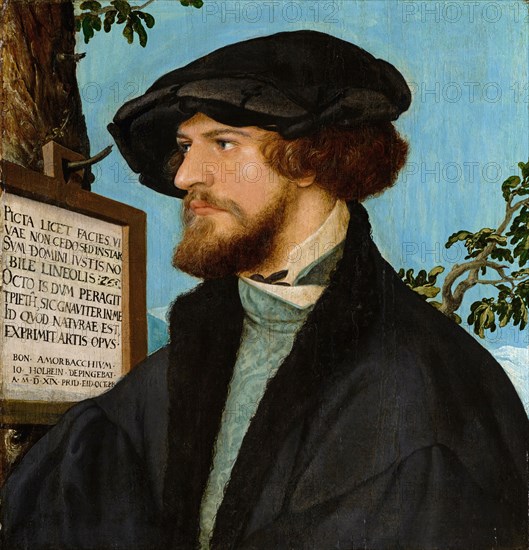 Portrait of Bonifacius Amerbach, 1519, mixed technique on fir wood, 29.9 x 28.3 cm, signed and dated under the epigraph: PICTA LICET FACIES VI, UAE NON CEDO SED INSTAR, SVM DOMINI IVSTIS NO, BILE LINEOLIS: // OCTO IS DUM PERAGIT, TPIETH, SIC GNAVITER IN ME, ID QVOD NATVRAE EST, EXPRIMIT ARTIS OPVS // BON • AMORBACCHIVM • /, IO • HOLBEIN • DEPINGEBAT • /, A • M • D • XIX • PRID • EID • OCTOBR, Hans Holbein d. J., Augsburg um 1497/98–1543 London