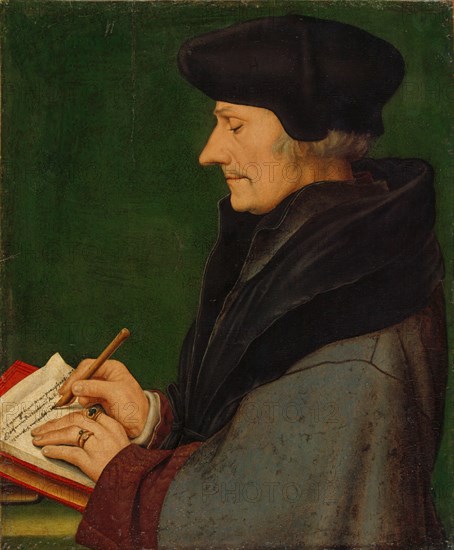 Portrait of the writing Erasmus of Rotterdam, 1523, mixed media on paper, mounted on fir wood, 37.1 x 30.8 cm, not marked., On the paper before Erasmus: In Euangelium Marci paraphrasis per Erasmum Rotterdamu [m] A [...] Cunctis mortalibus in the [itum est, ut felicitatem expetant] (after the text of Erasmus' 1524 in Johannes Froben in Basel published commentary of the, Mark's Gospel supplements [«IN EVANGELIVM MARCI PARAPHRASIS BY D. ERASMVM ROTTERODAMVM CAP I. Cunctis mortalibus insitum est, ut felicitatem expetant.», - Commentary on the Gospel of Mark by Erasmus of Rotterdam «... all mortals are in need of, implanted in luck »]), Hans Holbein d. J., Augsburg um 1497/98–1543 London