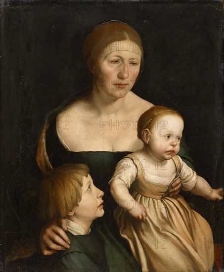 Portrait of the artist's wife with the two eldest children, c. 1528/29, mixed technique on paper, cut out of the figure's contours and mounted on limewood, 79.4 x 64.7 cm, Not marked, but dated on the right bank: 152 [], Hans Holbein d. J., Augsburg um 1497/98–1543 London