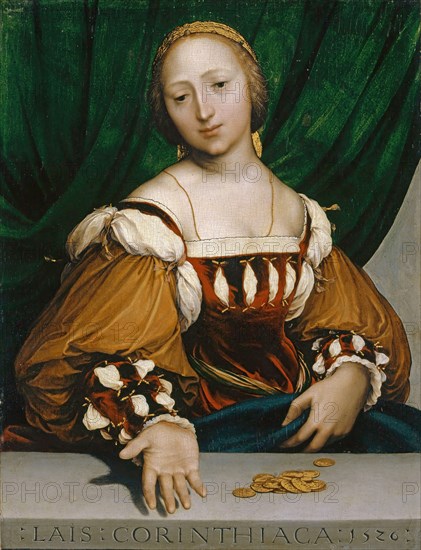 Laïs Corinthiaca, 1526, mixed technique on lime wood, 35.6 x 26.7 cm, Dated and titled on the stone parapet in front:: LAÏS: CORINTHIACA: 1526:, Hans Holbein d. J., Augsburg um 1497/98–1543 London