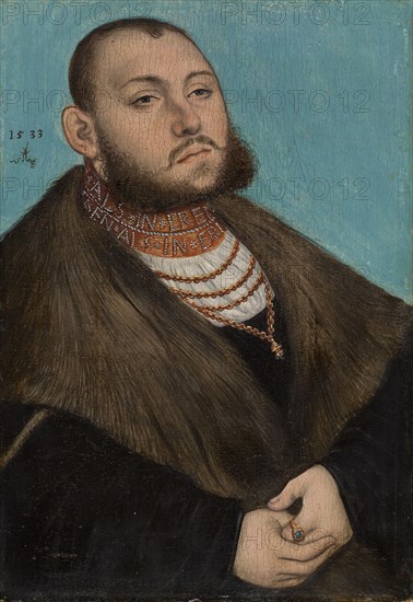 Portrait of Johann Friedrich the Magnanimous, Elector of Saxony (front), black painting with attached coat of arms on paper (verso), 1533, oil on beech wood, 20.4 x 14.2 cm, inscribed and dated upper left next to the ear with the serpent sign under the year 1533. On the ruffle beading: AS IN EREN, ..., REN AS IN ER ..., Lucas Cranach d. Ä., Kronach 1472–1553 Weimar