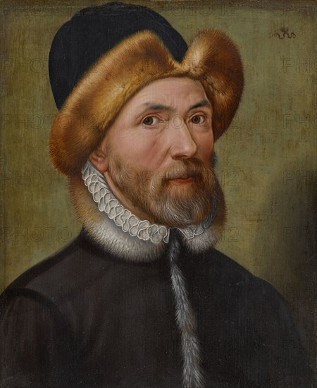 Portrait of a gentleman in a fur cap, c. 1580, oil on oak, 25 x 21.7 cm, unmarked, Niederländischer Meister, 16. Jh., (Kopie (?) / copy (?))