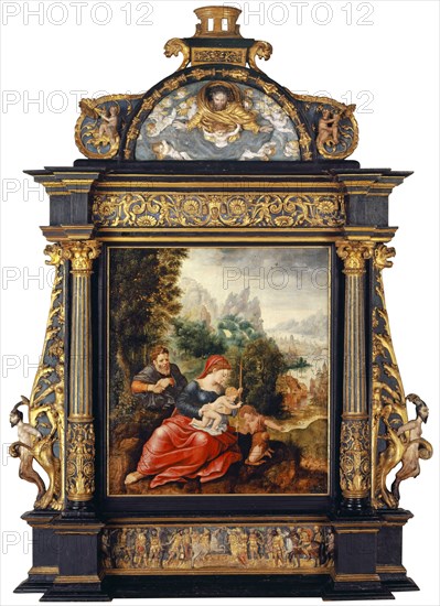 The Holy Family with the Johannesknaben, c. 1530-1560, oil on oak wood, Original frame with architectural design, 60 x 53 cm, not marked, Herri met de Bles, tätig im 2. Drittel des 16. Jh.