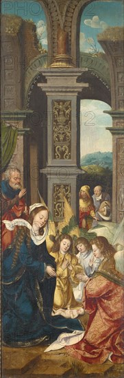 The birth of Christ (inside), Marbling (outside), 1519, oil on oak, 92.4 x 30.4 cm, Unmarked., Incomplete dating on both pillars: 151, Meister der von Grooteschen Anbetung, tätig um 1500–1530