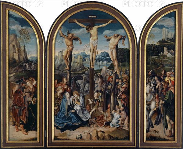 The Crucifixion of Christ, c. 1520-1530, oil on oak, 80 x 46 cm (center panel) |, 77.4 x 18.8 cm (wing), Not specified, Cornelis Engebrechtsz, (und Werkstatt / and workshop), Leiden um 1460/65 – 1527 Leiden