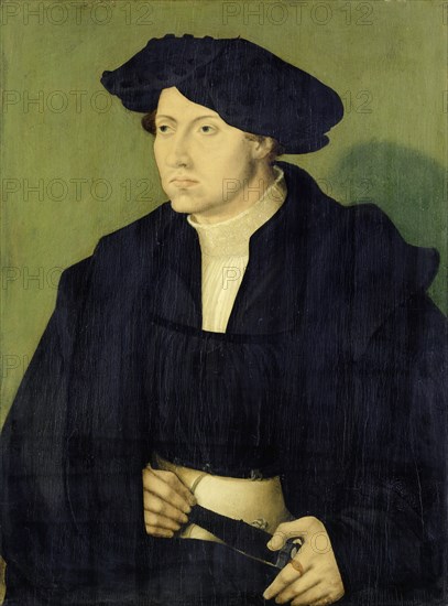 Portrait of a man in black clothes, 1528, oil on coniferous wood, 58.5 x 44.5 cm, Not specified, but dated upper left: 1528, Deutscher Meister, 16. Jh., (?)