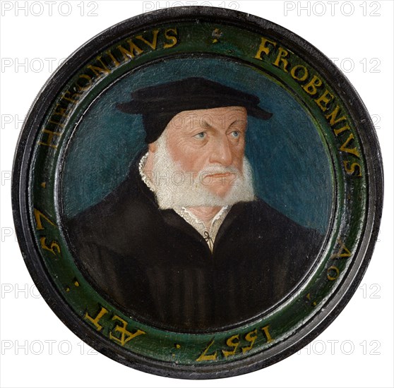 Capsule portrait of Hieronymus Froben, with lid, 1557 (1558), oil on pear wood, diameter: 10 cm |, Diameter: 13.5 cm (Portrait, H 2.5, inscription Diameter 12.7, H 2.4), Not signed, but dated above the inscription on the cover: 15 57, EST HAEC FAMIGERJ, STVDII FAVTORIS IMAGO =, ANNI CVI SEPTEM ET LVSTRA PERACTA DECE [, M], ., PERVIGIL, ET VETERVM MENDIS MONVME [N] TA REPVRGA [N] S, MVSARV [M] MYSTES VNDIQVE FROBENIVS •, CVI DEDERINT SVPERI LONGAENA VESCIER AVRA:, DOCTRINAE ET MORVM POSSIT VT ESSE DECVS, STVDIORVM MECAENATI PIA, POSTERITAS (This, is the glorious patron of science effigy, since it completes 57 years, constantly guarding you from mistakes the monuments of the ancients, o initiate of the muses, Froben.He may allow the celestials to breathe for a long time the air of the life that he, Scholarship and morals adorn us, the grateful posterity for the promoter of science.), Basler Meister, 16. Jh.