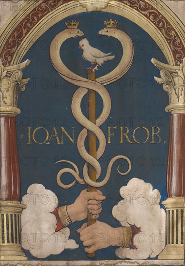 Impresis of Johann Froben, c. 1523, tempera on unprimed canvas (handkerchief painting), 44 x 31 cm, unmarked., On both sides of the staff:: IOAN., FROB., Hans Holbein d. J., Augsburg um 1497/98–1543 London
