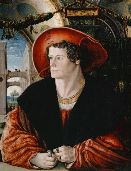 Portrait of a young man, 1524, oil on lime wood, 49.5 x 38 cm, inscribed on top of a small inscription, signed and dated: AETATIS SVAE 27, M.D.XXIIII HF., Monogrammist H F, 16. Jh.