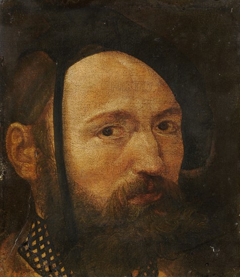 Head of a bearded man with beret, oil on paper, mounted on panel, 19.5 x 17.5 cm, unsigned, Schweizerischer Meister, 16. Jh.