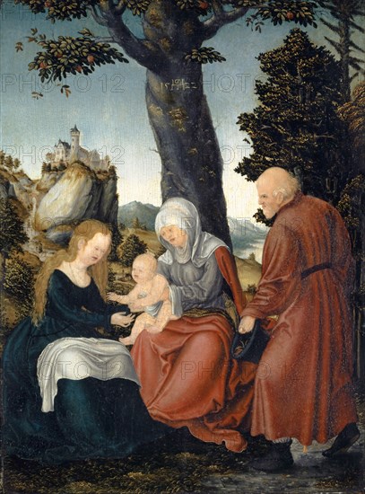 The hl., Anna took an afternoon with Joseph under an apple tree, 1522, oil on lime wood, 41.1 x 30.1 cm, monogrammed and dated on top of the tree trunk: 15 ghm [one inside] 22, Monogrammist GHM (?) (Umkreis Lucas Cranach d. Ä.)