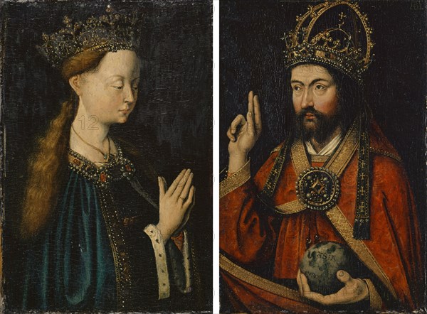 Mary and Christ as Salvator Mundi (fronts), Coat of arms paintings in gray-green grisaille (backs), oil on limewood, 20.1 x 13.7 cm (left panel) |, 19.9 x 13.6 cm (right panel), Not referenced., On the globe: ASIA, EVRO, AF, RI, Anonym, Süddeutschland (oder Schweiz?), um 1500
