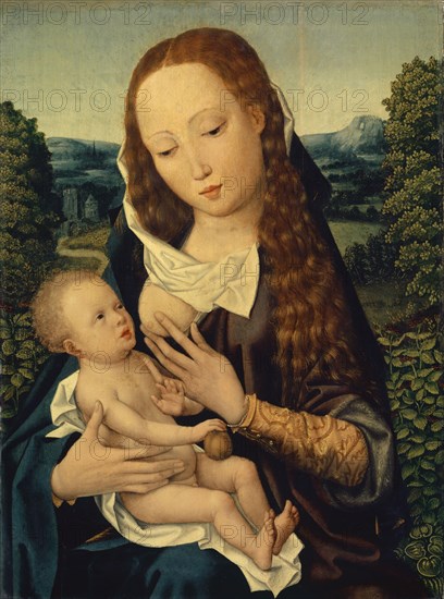 Madonna lactans in front of a landscape, around 1500, oil on oak wood, doubled up on oak, 41.5 x 31 cm, unsigned, Meister der Magdalenen-Legende, tätig um 1500 in Brügge