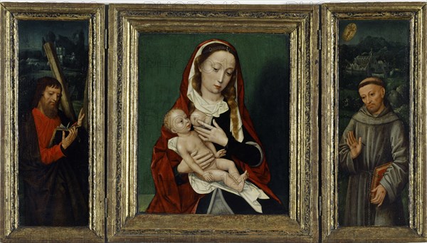Madonna and Child (middle panel), Sts, ., Andreas and Francis (wing inside), around 1530, oil on oak, 31.5 x 26.5 cm (center panel) |, 35.5 x 12 cm (left wing) |, 36 x 12.5 cm (right wing), Not specified, Ambrosius Benson, Lombardei (Mailand?) um 1495–1550 Brügge
