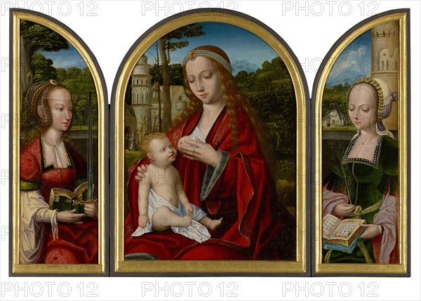 Madonna and Child (middle panel), hl, ., Katharina (inside of the left wing), hl, ., Barbara (inside of the right wing), 1st quarter of the 16th century, oil on oak wood, height: 54 cm |, Width: 39.5 cm (middle image) |, Width: 18.5 cm (wing), Not specified, Antwerpener Meister, 16. Jh.