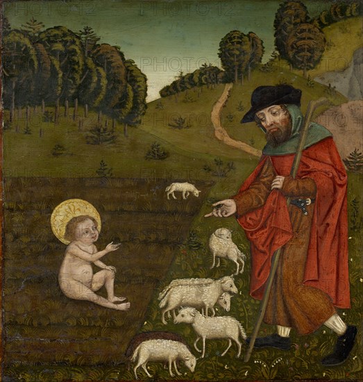 Founding legend of the pilgrimage church Vierzehnheiligen: The Christ Child appears to the shepherd Hermann Leicht, c. 1470, mixed technique on linden wood, 50.5 x 47.5 cm, not marked, Fränkischer Meister, 15. Jh.