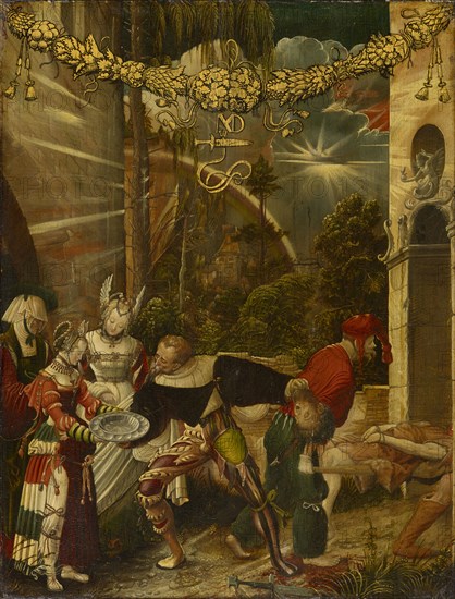 The decapitation of John the Baptist, c. 1517, oil on fir wood, 32.5 x 26 cm, monogrammed in gold below the garland: NMD [ligated] over lying dagger and bow, Niklaus Manuel gen. Deutsch, Bern um 1484–1530 Bern