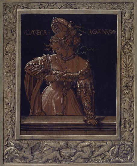 Lucretia, 1517, mixed technique on fir or spruce (?) Wood, 32.4 x 26.6 cm (above 26.9), dated upper left in the painted frame: 1517. Upper right:, SPQR [Senatus populusque romanus], the figure indicates: LVCRETIA ROMANA [partially ligated], Niklaus Manuel gen. Deutsch, Bern um 1484–1530 Bern
