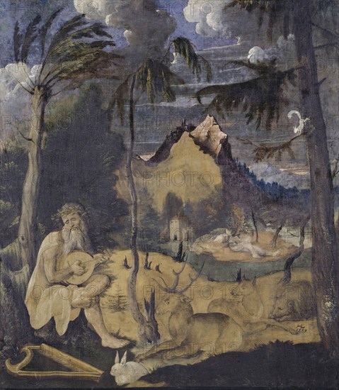 Orpheus and the Animals, 1519, tempera on unprimed canvas (handkerchief painting), 59 x 51 cm, monogrammed and dated lower right: HL [ligated], 1519, Hans Leu d. J., Zürich um 1490–1531 in der Schlacht am Gubel