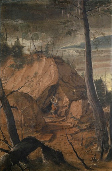 The hl., Onuphrius in the wild, 1519, tempera on a piece of cloth, 58.2 x 39.2 cm, monogrammed and dated lower right on the tree trunk: CA [ligated] 19, Conrad Schnitt (Conrad Apotheker gen. Schnitt), tätig um 1519–1541