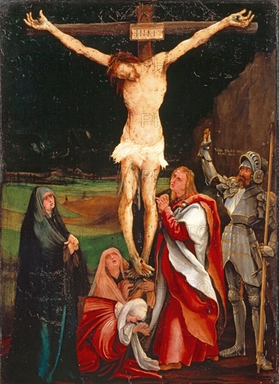 The Crucifixion of Christ, c. 1515 (?), Mixed technique on basswood, 74.9 x 54.4 cm, unsigned., Crosstitulus • I • N • R • I • and inscription on the head of the centurion VERE FILLIVS [SIC!] DEI ERAT ILLE, Matthias Grünewald, Würzburg 1480/83 – 1528 Halle an der Saale