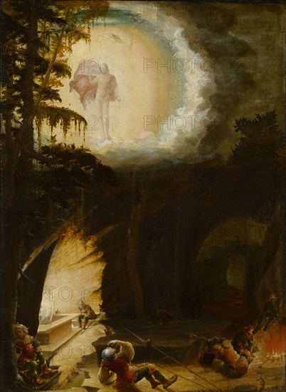 The Resurrection of Christ, 1527, oil on parchment, mounted on basswood, 34.5 x 25 cm, dated at the left edge of the picture halfway up the picture on the right contour of the right tree trunk: 1527, Albrecht Altdorfer, (Umkreis / circle), um 1480–1538 Regensburg