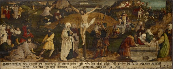 The Passion of Christ, 1522, mixed technique on fir wood, 59.5 x 147 cm, dated lower right: 1522, under the representation the inscription: Warer human and eternal got. Allmechtig in the order., give us din gnad alhie uff ERd., because of being din glob, werd., that we love constantly., our hope putting in you., Hans Leu d. J., Zürich um 1490–1531 in der Schlacht am Gubel