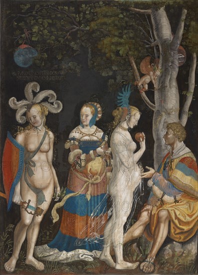 The Judgment of Paris, c. 1517/18, Unfrinded mixed media on canvas (small painting), 223 x 160 cm, unmarked., The figures are characterized by detailed inscriptions, above the left goddess: IVNO A GODDESS OF THE CONVENTION INN., STRITS, in the headdress of Venus: FENVS (twice), on the apple in her hand: EN THIS OP [= THIS OP (fel the most beautiful) EN], above seated Paris: PARIS • OF • TROY • THE • TORECHT (in gold and silver), above the winged boy: CVPIDO, Niklaus Manuel gen. Deutsch, Bern um 1484–1530 Bern