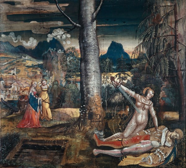 Pyramus and Thisbe, around 1513/14, mixed technique on canvas (small linen painting), 151.5 x 161 cm, monogrammed on a tree trunk: NM • D • with lying dagger., The figures indicate: TISPE, PIRAMVS (later incorrectly painted over in PRIAMVS), on the left thigh of the pyramid: E B, Niklaus Manuel gen. Deutsch, Bern um 1484–1530 Bern