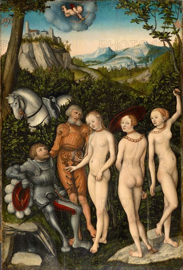 The judgment of Paris, 1528, mixed media on beechwood, 84.7 x 57 cm, monogrammed and dated lower right on the boulder: 15 winged snake 28, Lucas Cranach d. Ä., Kronach 1472–1553 Weimar