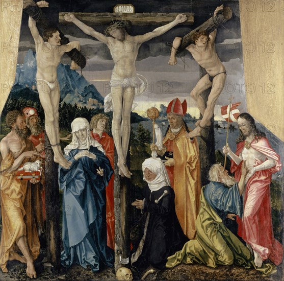 Crucifixion of Christ with thieves, saints and benefactresses, 1512, mixed technique on lime wood covered with canvas, 138 x 140.5 cm, Signed and dated on the scroll on the cross trunk: • BALDVNG, monogrammed below: • HBG • 1512. Also crosstitulus, Hans Baldung gen. Grien, Schwäbisch Gmünd (?) 1484/85–1545 Strassburg