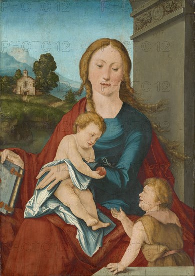 Madonna and Child and Child, 1517, oil on lime wood, 85.5 x 60.5 cm, monogrammed (HS ligated with lying shovel) in the medallion of the frieze of the relief, dated below: • 1 • 5 • 1 • 7 •, Hans Schäufelein, um 1480–1539/40 Nördlingen