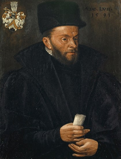 Portrait of Basilius Amerbach, 1591, oil on oak wood, 65 x 50 cm, Not marked, but dated top right: ÆTAT: LVII • 1591 •, top left coat of arms, Hans Bock d. Ä., Zabern/Elsass um 1550/52–1624 Basel