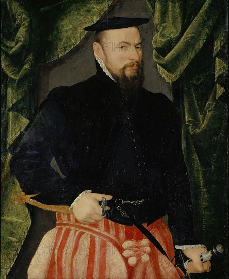 Portrait of Melchior Hornlocher, 1577, oil on oakwood, 86 x 70 cm, inscribed on the reverse above the coat of arms: MELCHOR HORNLOCHER, CHATARINA ÆDERIN, SINS AGE IN 39 JAR VND IERS AGE IN • 32 • JAR., Dated and signed on the reverse underneath the coat of arms: M • D • LXXVII Johanneß bock, faciebatt •, Hans Bock d. Ä., Zabern/Elsass um 1550/52–1624 Basel