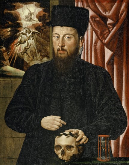 Portrait of Theodor Zwinger, 1589 (?), Oil on oak, 67.5 x 53 cm, not specified., Hard to read on the left side of the parapet: 15 [89?], Hans Bock d. Ä., Zabern/Elsass um 1550/52–1624 Basel